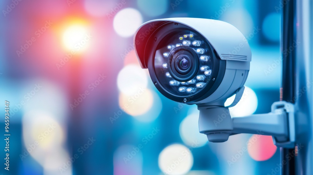 CCTV surveillance security camera video equipment on pole outdoor building safety system area control and copy space