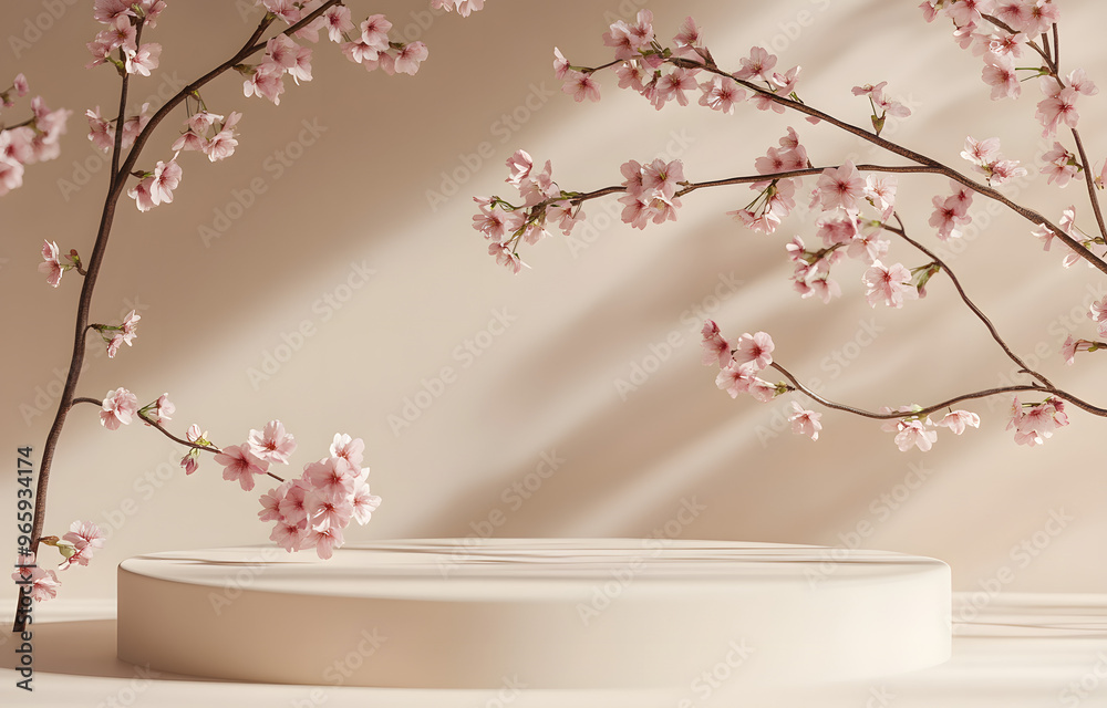 3D background, beige podium display. Sakura pink flower tree branch. Cosmetic or beauty product promotion step floral pedestal. Abstract minimal advertise. 3D render copy space spring mockup. 3D background, beige podium display. Sakura pink flower tree branch. Cosmetic or beauty product promotion step floral pedestal. Abstract minimal advertise. 3D render copy space spring mockup.