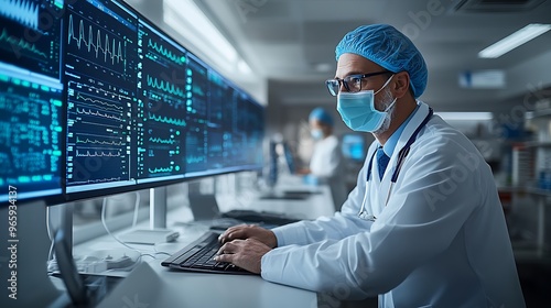 in a futuristic hospital where healthcare automation has revolutionized patient care, with robots and AI systems managing everything from diagnostics to patient logistics 