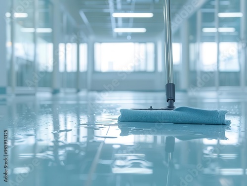 closeup of industrialgrade mop gliding across glossy office floor leaving pristine surface in its wake photo