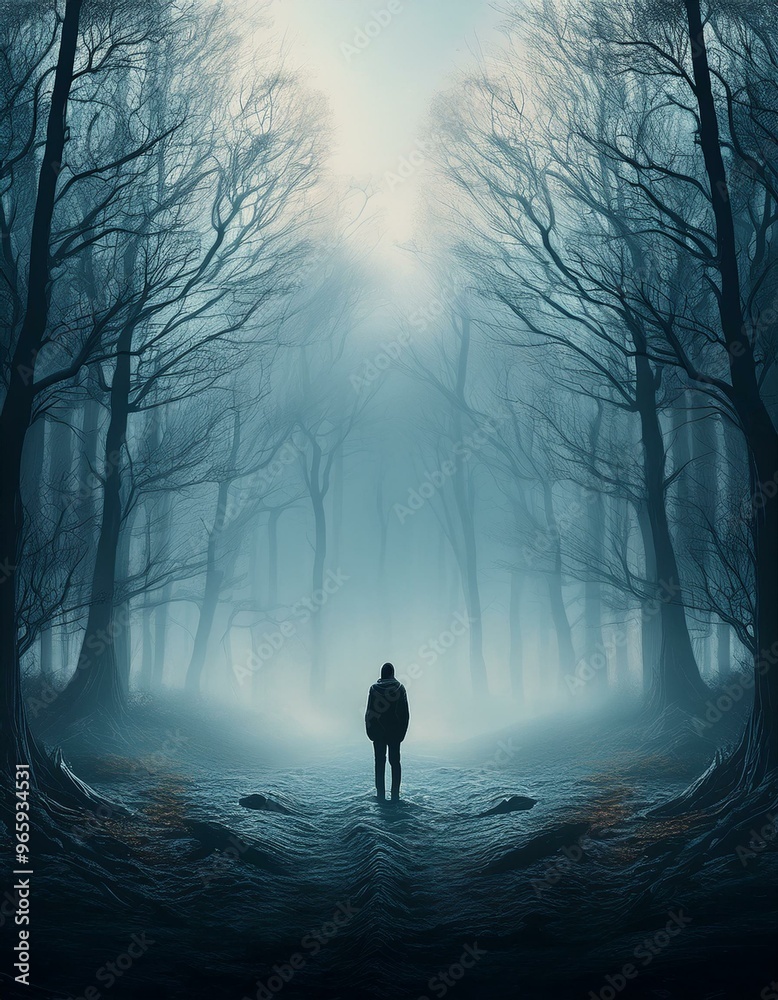 A lonely figure standing in a misty, empty forest, [loneliness], abandonment in nature sadness