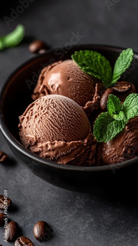 Chocolate ice cream with mint leaves in a black bowl on dark background, gourmet dessert concept