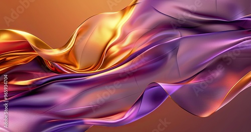 A vibrant, flowing abstract design featuring smooth, wavy fabric-like textures in warm hues of orange and purple.