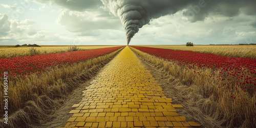 A yellow brick road, empty. Poppies and wheat stretch to the horizon where a tornado spins in the sky. The classic elements of the Wizard film and story - Kansas.