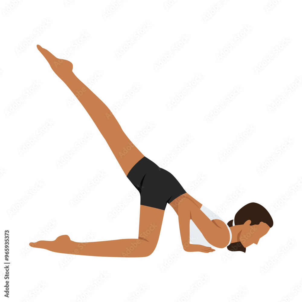 Young woman doing One Legged Eight Limbed Pose, Half Headstand Pose or Eka Pada Ashtangasana. Flat vector illustration isolated on white background