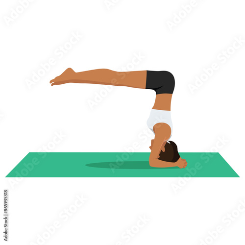 Young woman doing Upward Facing Staff Pose, Half Headstand Pose or Urdhva Dandasana, Ardha Sirsasana. Flat vector illustration isolated on white background