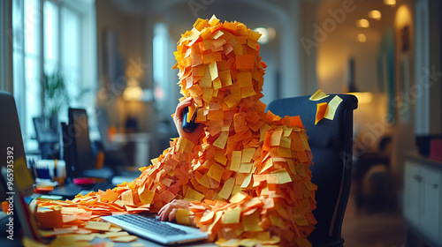 Woman sitting at her desk in front of a computer with a lot of post it notes.