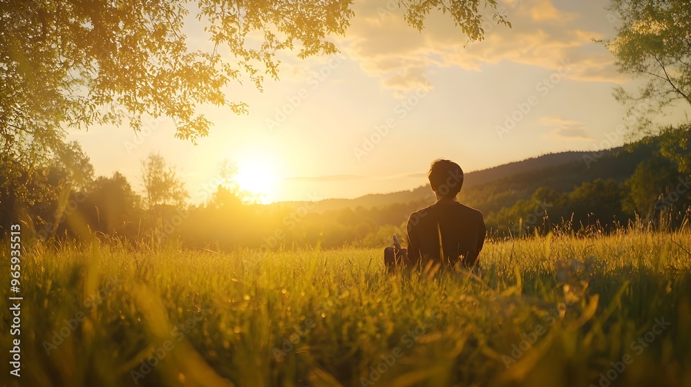 Man Sitting in Serene Countryside Sunset Landscape Man Sitting in Serene Countryside Sunset Landscape