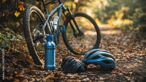 A bicycle helmet, gloves, and water bottle arranged next to a mountain bike parked on a trail. photo