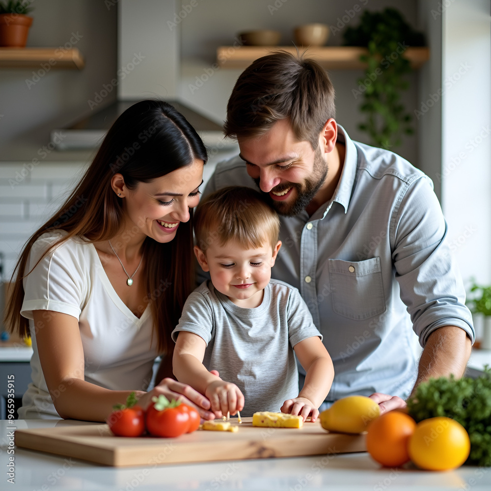 Parents playing with their son in the kitchen Parents playing with their son in the kitchen