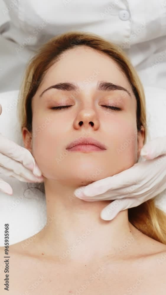 Vertical video. A woman enjoys advanced skincare in a modern beauty clinic, highlighting high-end cosmetic care. Perfect for showcasing luxury spa services and sophisticated beauty treatments Vertical video. A woman enjoys advanced skincare in a modern beauty clinic, highlighting high-end cosmetic care. Perfect for showcasing luxury spa services and sophisticated beauty treatments
