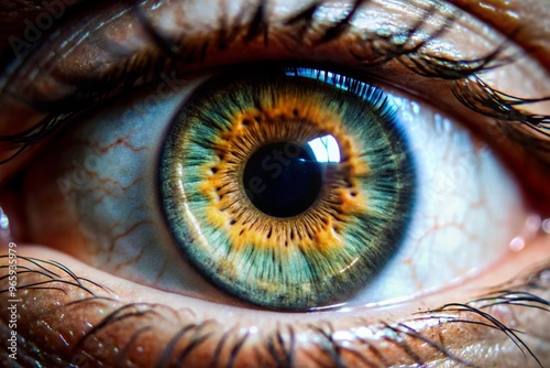 A close-up portrait of a single eye, showcasing intricate details like the iris, pupil, and eyelashes.