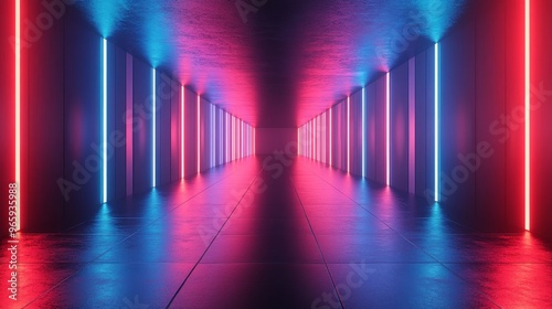 A long, narrow hallway with neon lights on the walls