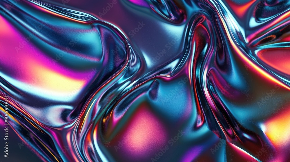 Fototapeta premium A blend of fluid metallic hues and bright colors, forming a shiny, abstract liquid metal pattern.