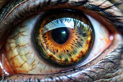 A close-up portrait of a single eye, showcasing intricate details like the iris, pupil, and eyelashes. photo