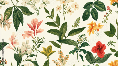 Wallpaper Mural Detailed botanical illustration featuring a variety of flowers and leaves on a light background Torontodigital.ca