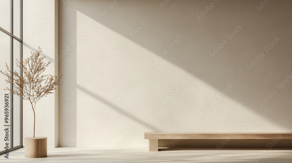 Fototapeta premium A white room with a bench and a potted plant