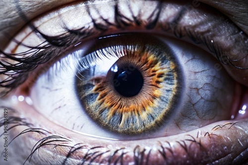 A close-up portrait of a single eye, showcasing intricate details like the iris, pupil, and eyelashes. photo