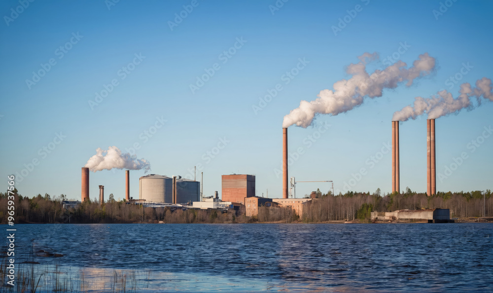 A factory with tall smokestacks emits plumes of smoke into the clear blue sky, reflecting industrial activity in a coastal area A factory with tall smokestacks emits plumes of smoke into the clear blue sky, reflecting industrial activity in a coastal area