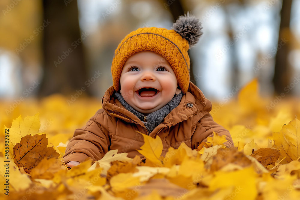 Cute, happy little child playing in an autumn park, sitting on yellow leaves and laughing. Cute, happy little child playing in an autumn park, sitting on yellow leaves and laughing.