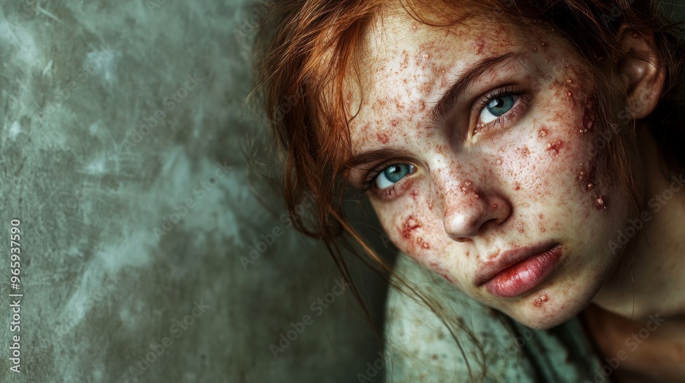 Concept of monkeypox epidemic, white woman Skin erythema, pustules, and boils, itching after being infected with the monkeypox virus Concept of monkeypox epidemic, white woman Skin erythema, pustules, and boils, itching after being infected with the monkeypox virus