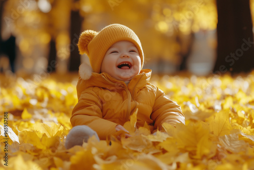 Cute, happy little child playing in an autumn park, sitting on yellow leaves and laughing. photo