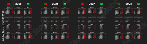 simple 2025 2026 2027 2028 portuguese calendar grid, monday first, two weekends, black background