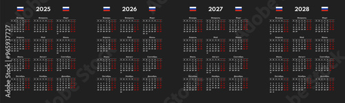 simple 2025 2026 2027 2028 russian calendar grid, monday first, two weekends, black background