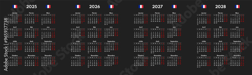 simple 2025 2026 2027 2028 french calendar grid, monday first, two weekends, black background