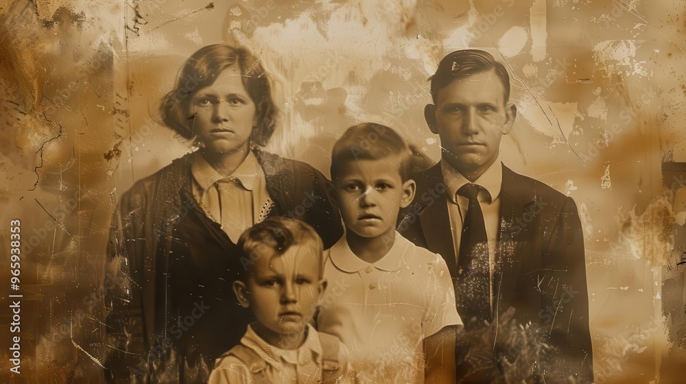 Obraz premium nostalgic sepia photograph faded family portrait with vintage clothing and hairstyles warm brown tones slightly blurred edges creating dreamlike quality evokes memories and passage of time
