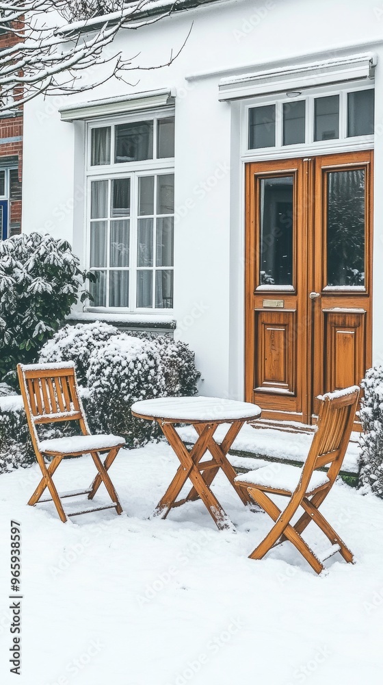 Fototapeta premium Two wooden chairs and a table in the snow