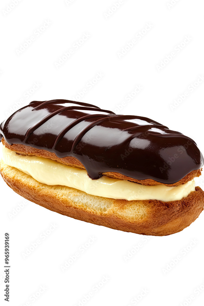 A single eclair with a layer of vanilla custard topped with a rich chocolate glaze. A single eclair with a layer of vanilla custard topped with a rich chocolate glaze.