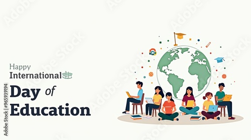 International Education Day: Global Learning Celebration with Diverse Students and World Globe Illustration