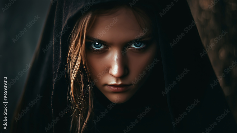 Mysterious Woman with Striking Blue Eyes Wearing a Hooded Cloak Mysterious Woman with Striking Blue Eyes Wearing a Hooded Cloak