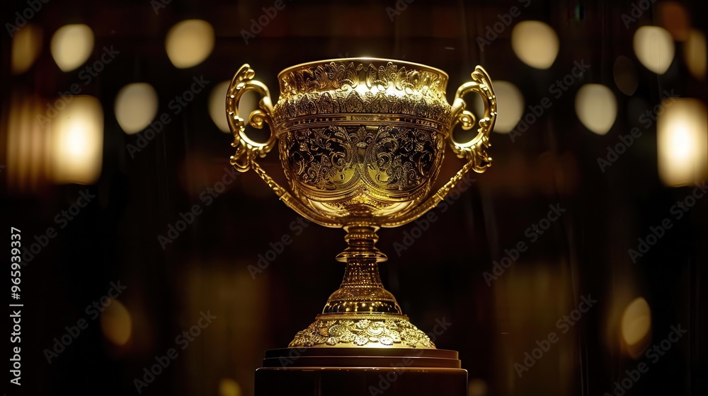ornate golden trophy with intricate detailing dramatically lit against dark background symbolizing victory and achievement ornate golden trophy with intricate detailing dramatically lit against dark background symbolizing victory and achievement