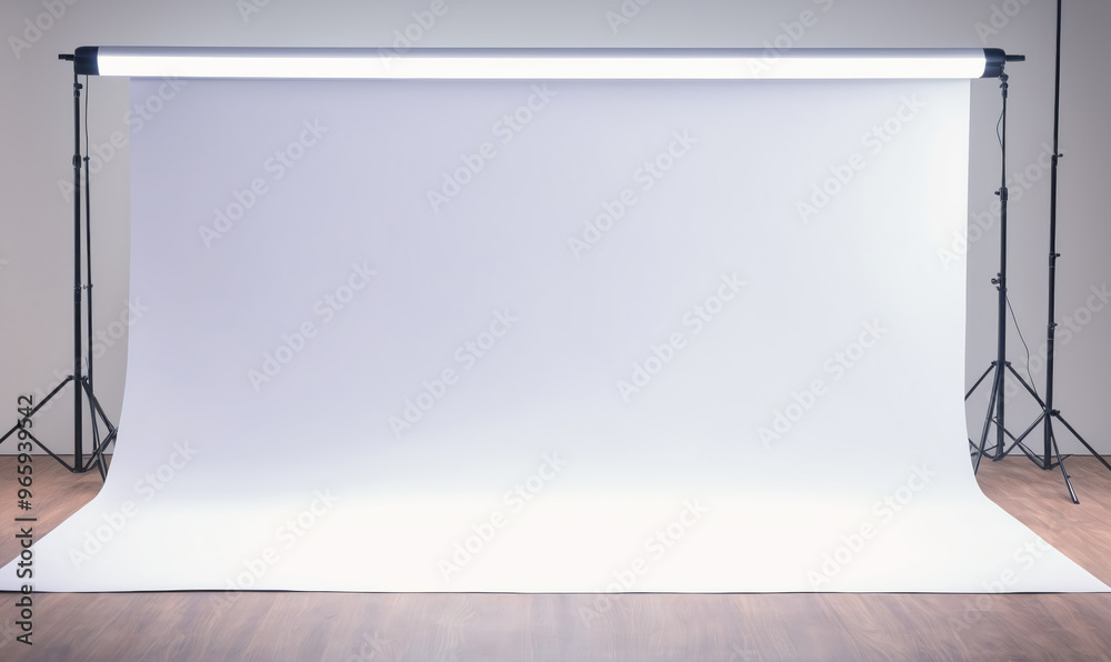 A white backdrop stands ready for a photoshoot in a studio setting A white backdrop stands ready for a photoshoot in a studio setting