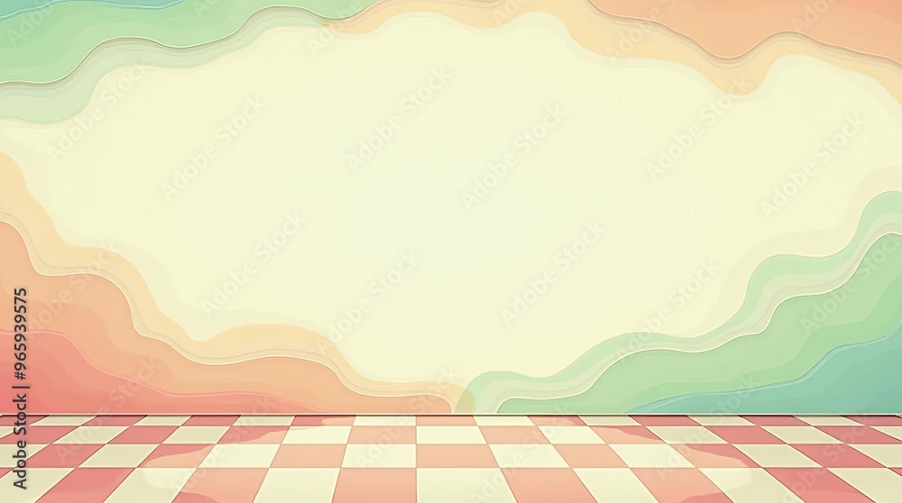 Obraz premium Surreal Retro Landscape with Pastel Skies and Checkered Floor: Dreamy Abstract Background for Creative Projects