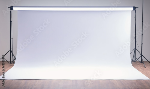 A white backdrop stands ready for a photoshoot in a studio setting