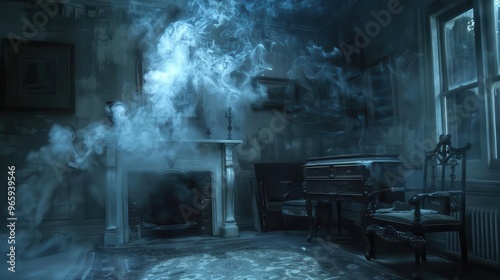 otherworldly spirits emerge from shimmering portal in crumbling victorian wall ethereal wisps of ectoplasm curl around antique furniture casting eerie shadows in moonlit room