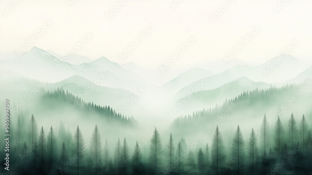 Fototapeta premium A mountain range with a foggy mist and trees