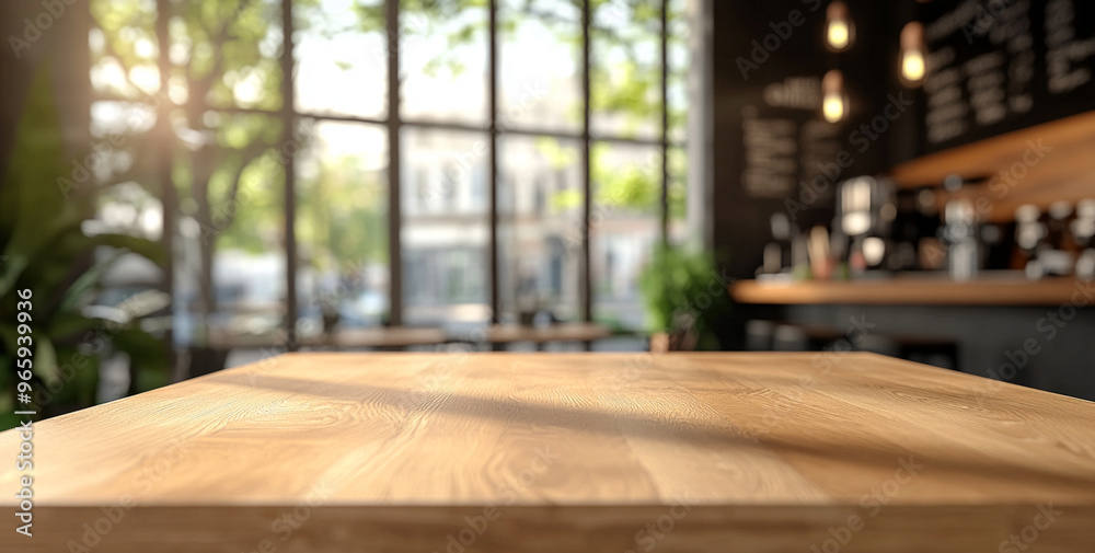 A modern cafe interior with bright natural light and sleek wooden table A modern cafe interior with bright natural light and sleek wooden table