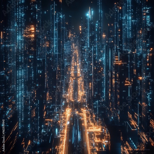 Futuristic cityscape with glowing neon lights.