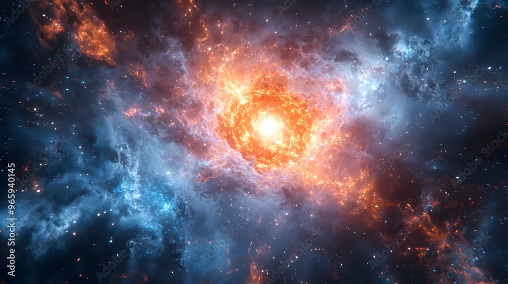 Fototapeta premium Science fiction setting featuring a quantum core at the heart of a massive rift, with visible echoes of energy and complex physics visuals. 3D realistic rendering emphasizes the futuristic and