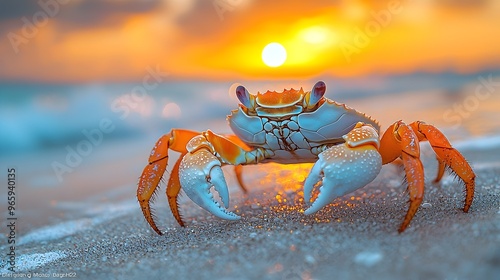 Vibrant Sunset Crab on Tranquil Coastal Shoreline