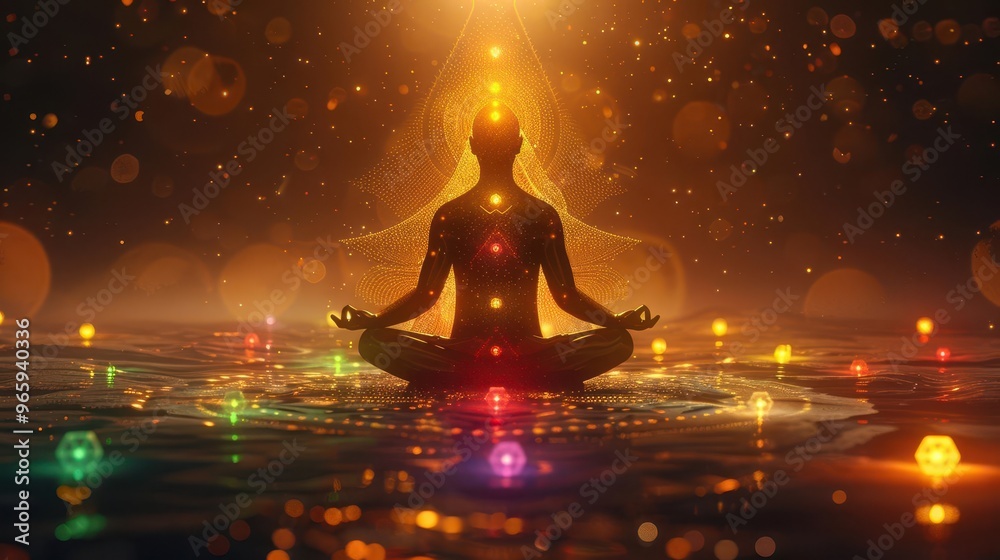 meditating figure surrounded by glowing chakra orbs sacred geometry patterns intertwine with natural elements visualizing inner harmony and spiritual balance meditating figure surrounded by glowing chakra orbs sacred geometry patterns intertwine with natural elements visualizing inner harmony and spiritual balance