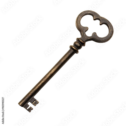 An antique brass key with intricate details.