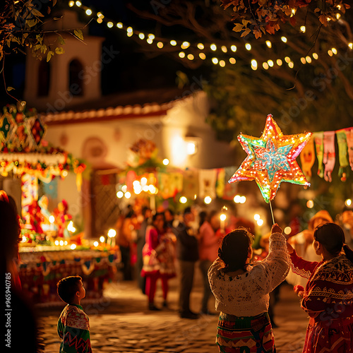 Traditional Christmas posada celebration with family holding star lanterns