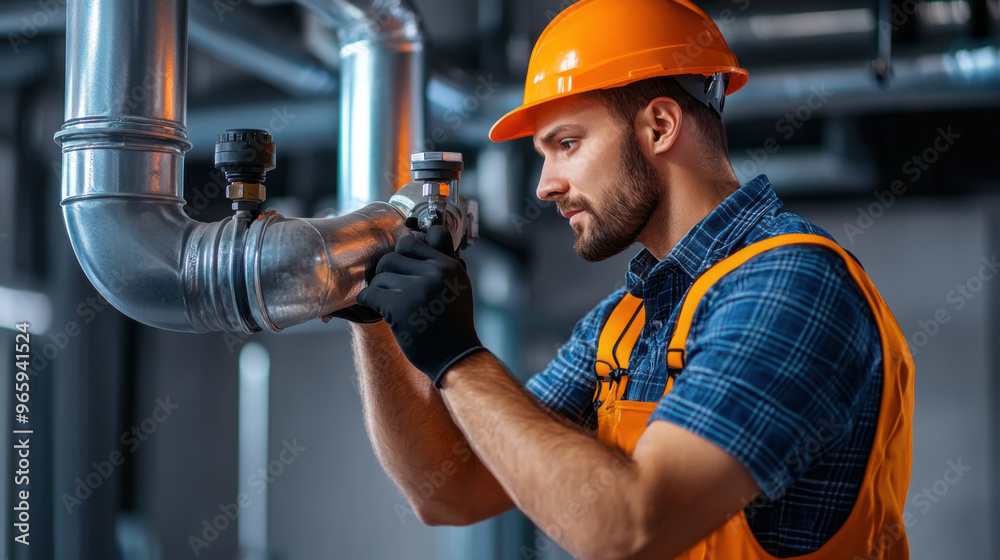 A professional plumber in a hard hat, working on a set of heating system pipes, showing installation or repair in a modern building. A professional plumber in a hard hat, working on a set of heating system pipes, showing installation or repair in a modern building.