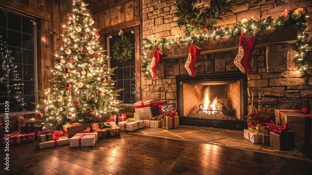 Elegantly decorated Christmas tree with lights, stockings hanging from fireplace, rocking chair, and warm firelight casting shadows on stone walls. Elegantly decorated Christmas tree with lights, stockings hanging from fireplace, rocking chair, and warm firelight casting shadows on stone walls.