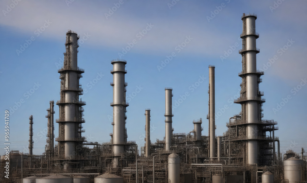 A large industrial complex with numerous tall chimneys against a clear blue sky A large industrial complex with numerous tall chimneys against a clear blue sky